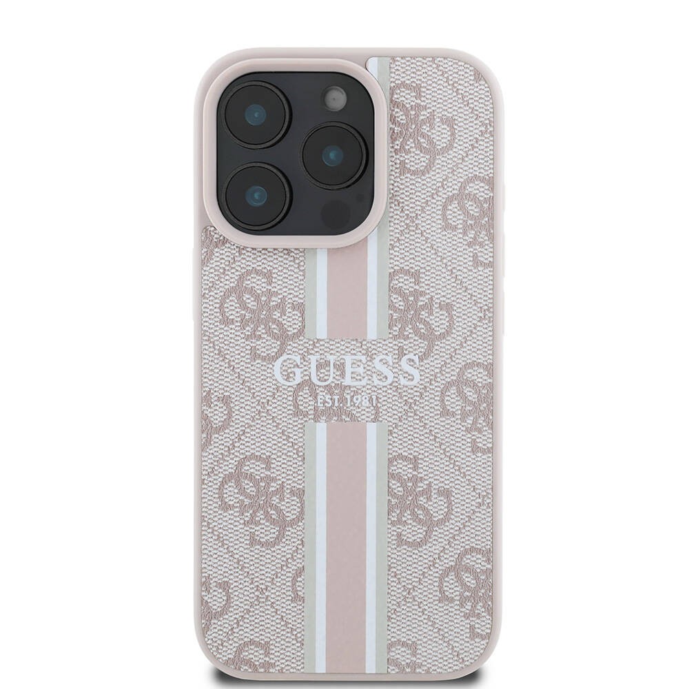 Apple iPhone 16 Pro Kılıf Guess Orjinal Lisanslı M-safe Şarj Özellikli 4G Şerit Tasarımlı Printed Kapak