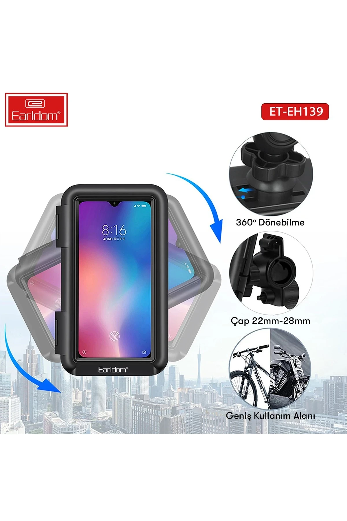Earldom EH139 Motosiklet İçin Su Geçirmez Ayarlanabilir Telefon Tutucu