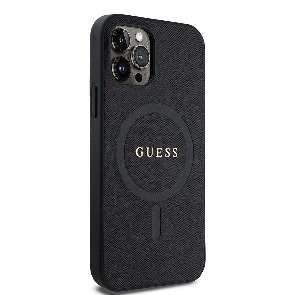 Apple iPhone 12 Pro Kılıf Guess Orjinal Lisanslı M-safe Şarj Özellikli Yazı Logolu Saffiano Classic Kapak