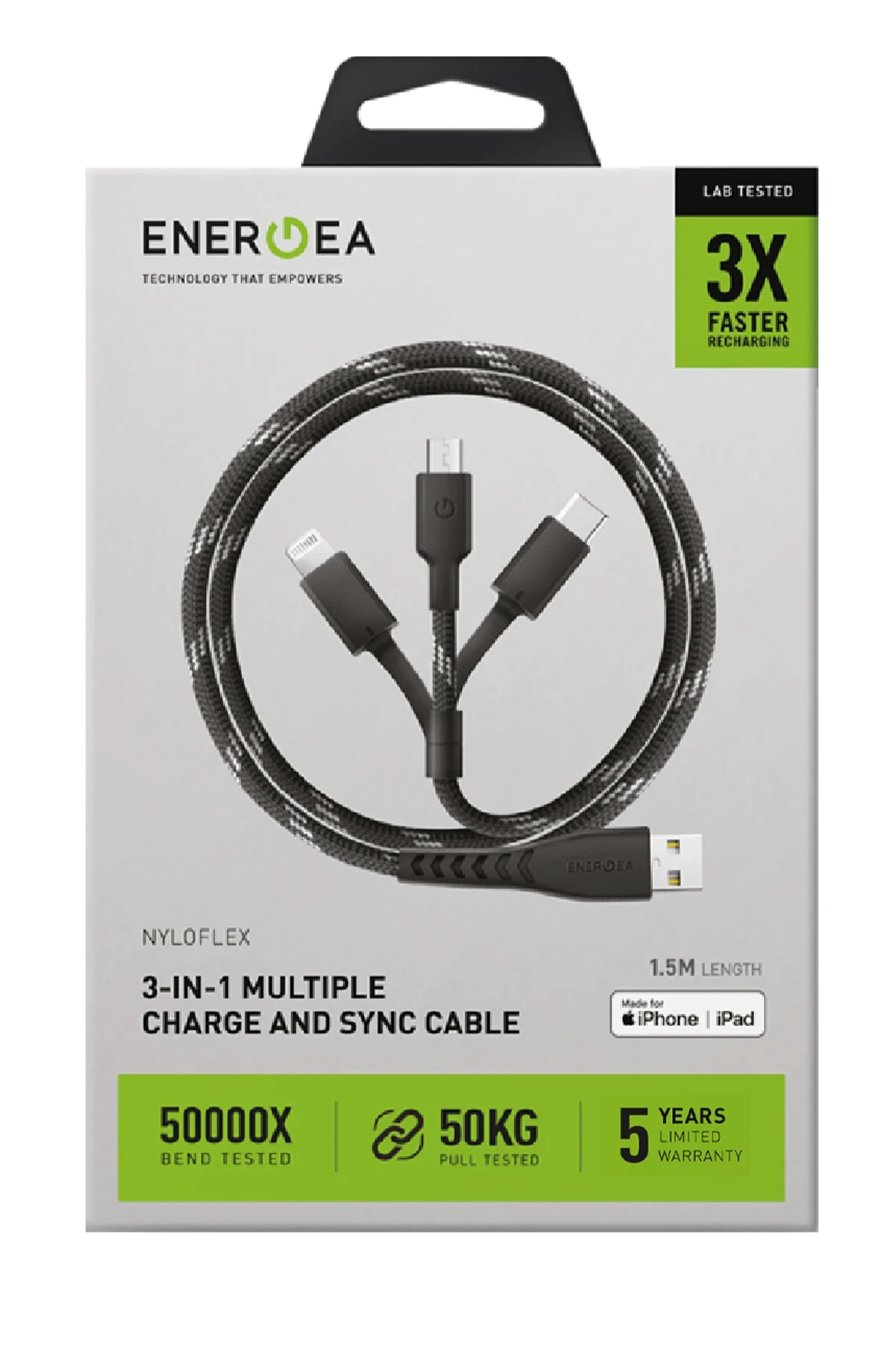 Energea C89 NyloFlex 3in1 1.5M 3A USB to Type-C / Lightning / Micro Hızlı Şarj Kablo
