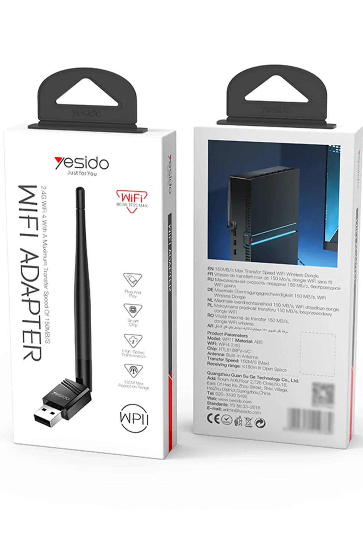 Yesido WP11 2.4GHz Wifi 4 180 Metre Açık Alan Menzilli 150 MB/S Wifi Adaptör
