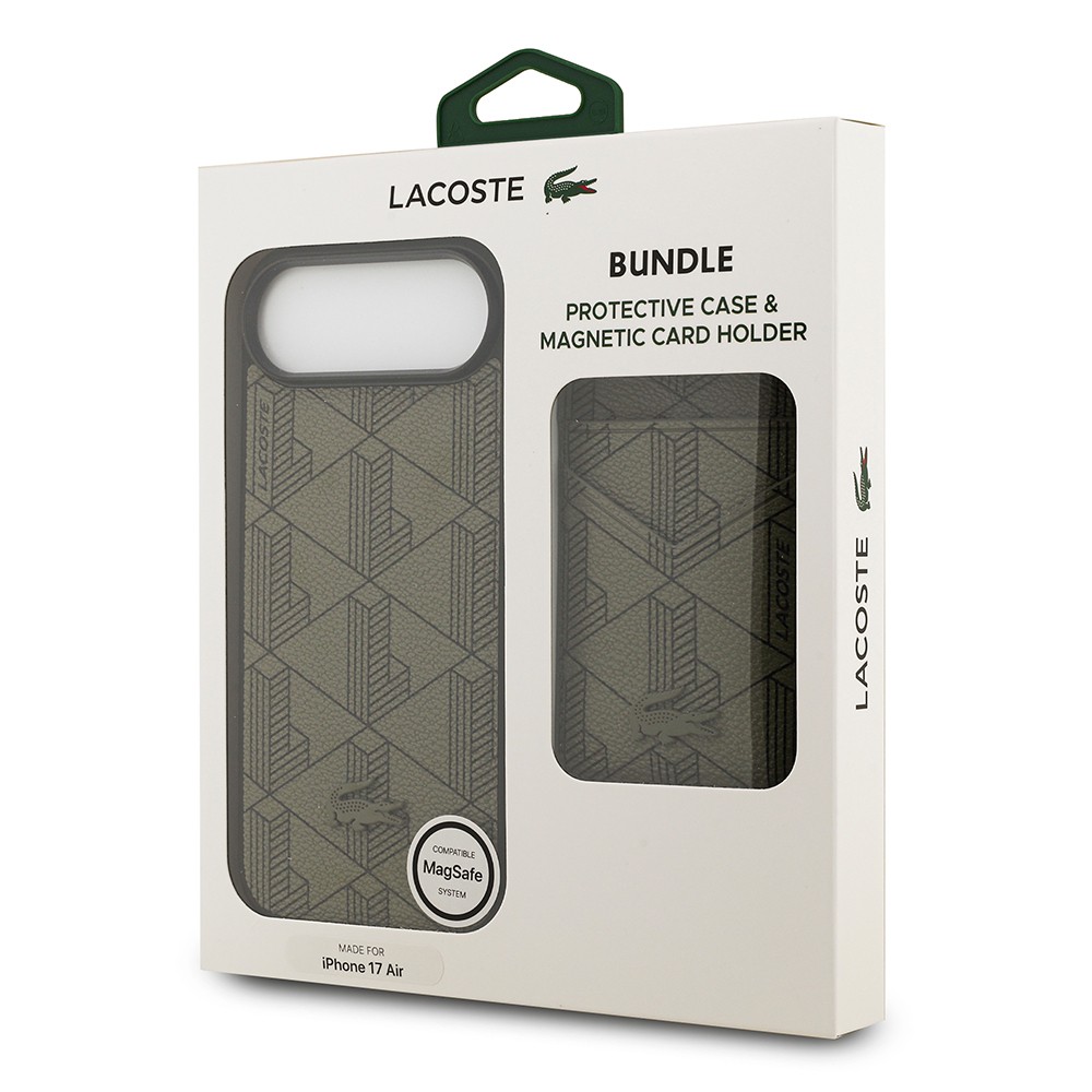 Apple iPhone 17 Air Kılıf Lacoste Orjinal Lisanslı M-safe Şarj Özellikli PU Deri Tasarımlı Kartlıklı Karışık Monogram Desenli Kapak