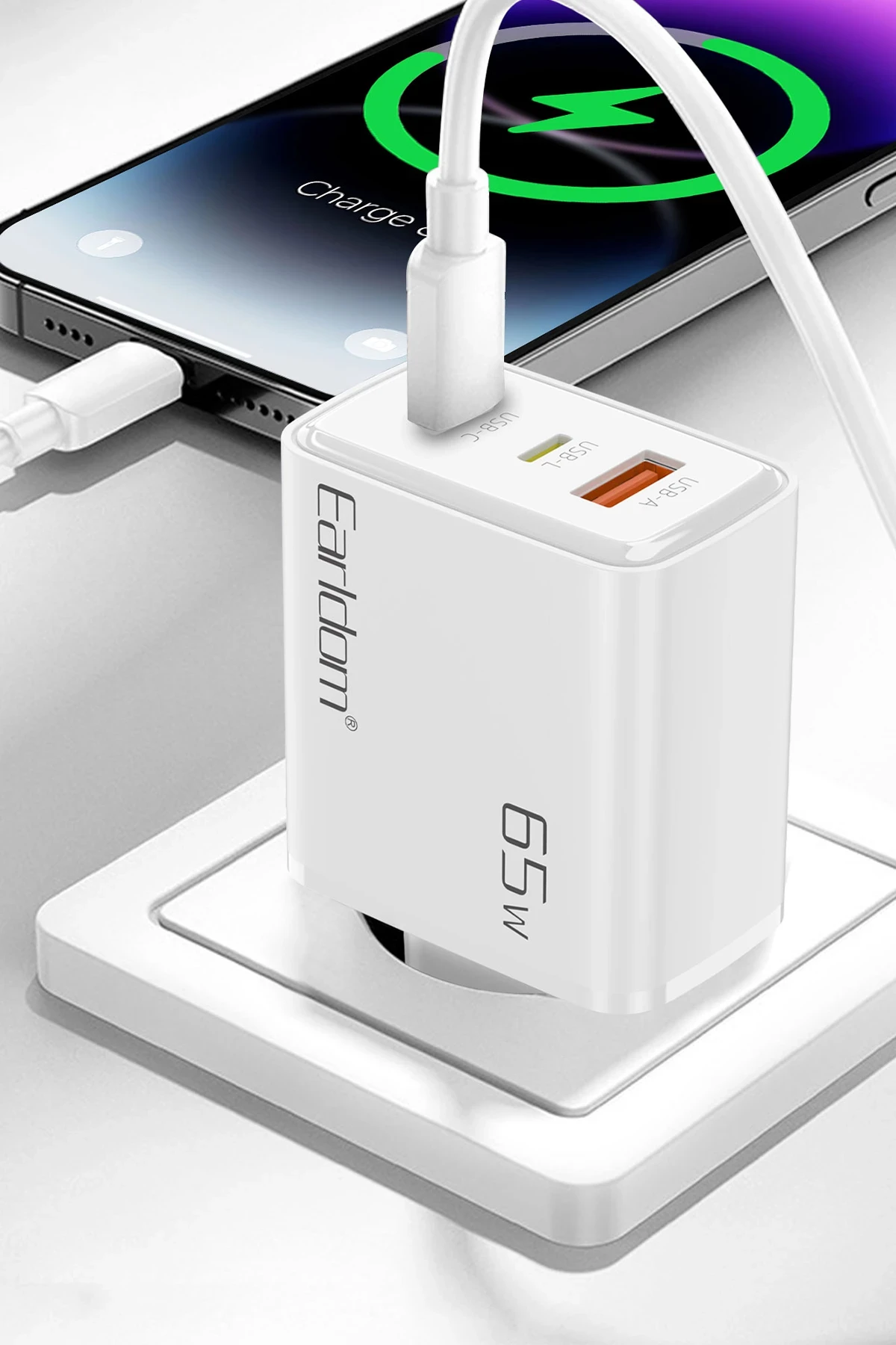 Earldom EU53 Type-C Lightning ve USB Çıkışlı 65W PD Hızlı Şarj Aleti