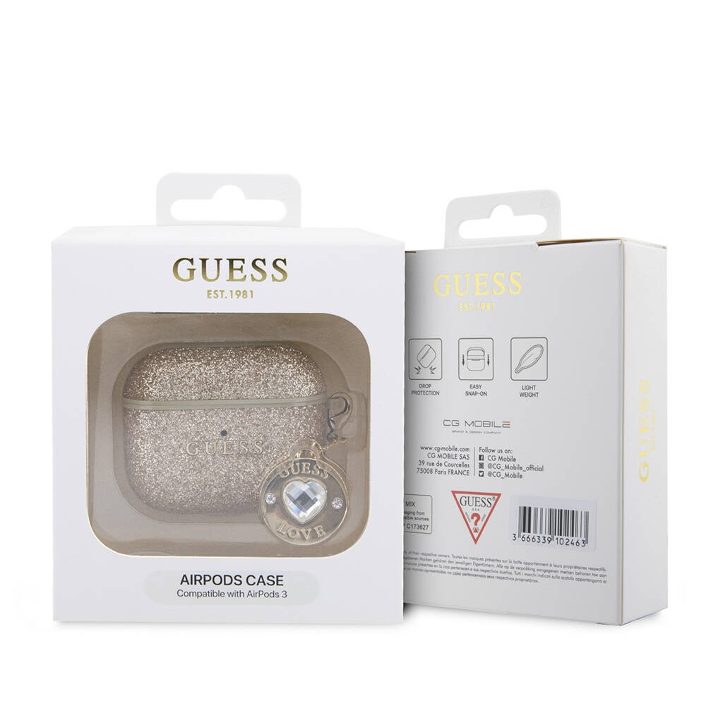 Apple Airpods 3. Nesil Kılıf Guess Orjinal Lisanslı Glitter Elmas Kalp Süs Zincirli Kapak