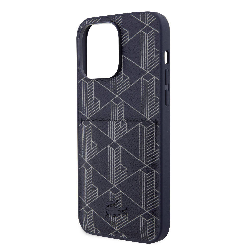 Apple iPhone 15 Pro Max Kılıf Lacoste Orjinal Lisanslı M-safe Şarj Özellikli PU Deri Görünümlü Kartlıklı Karışık Monogram Desenli Kapak