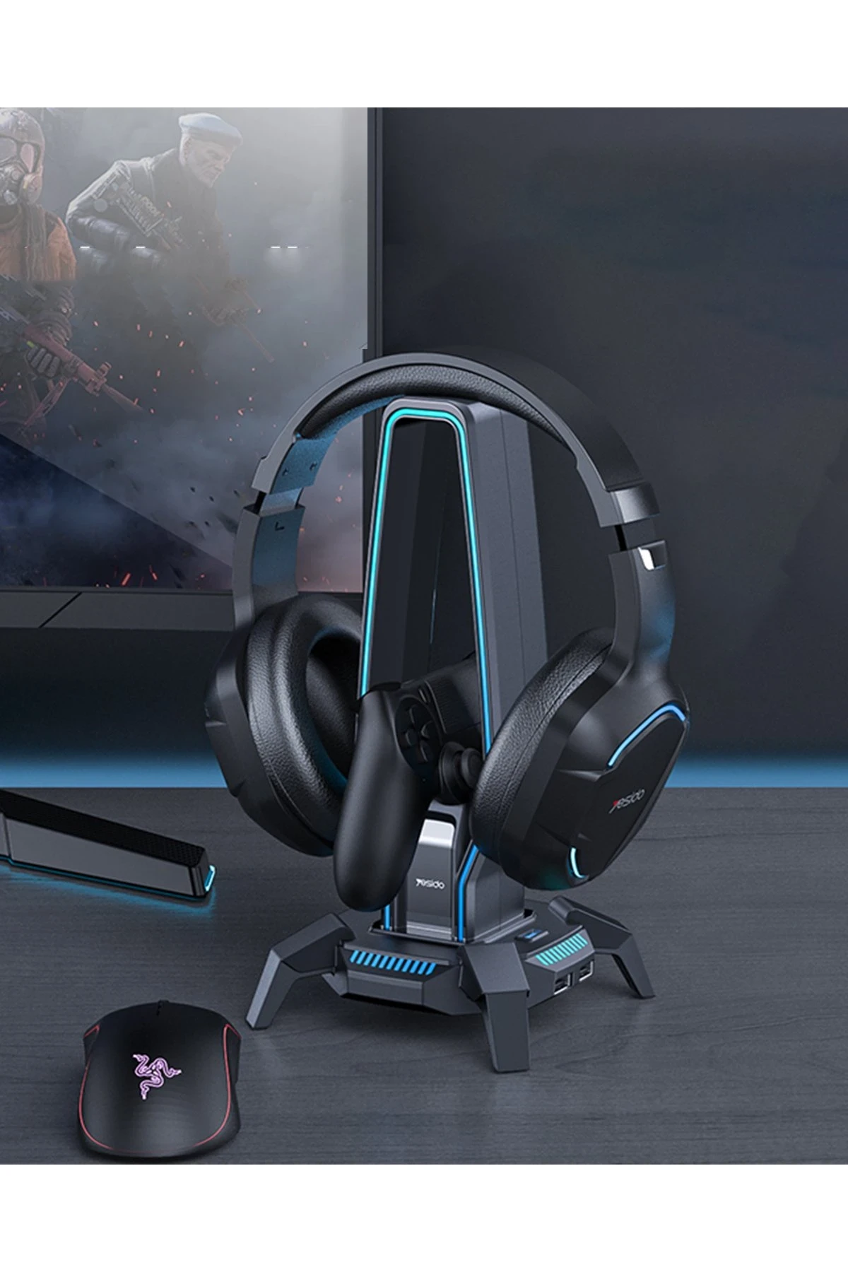 Yesido HB25 3 Adet USB Çıkışlı RGB Kulaklık ve Gamepad Standı