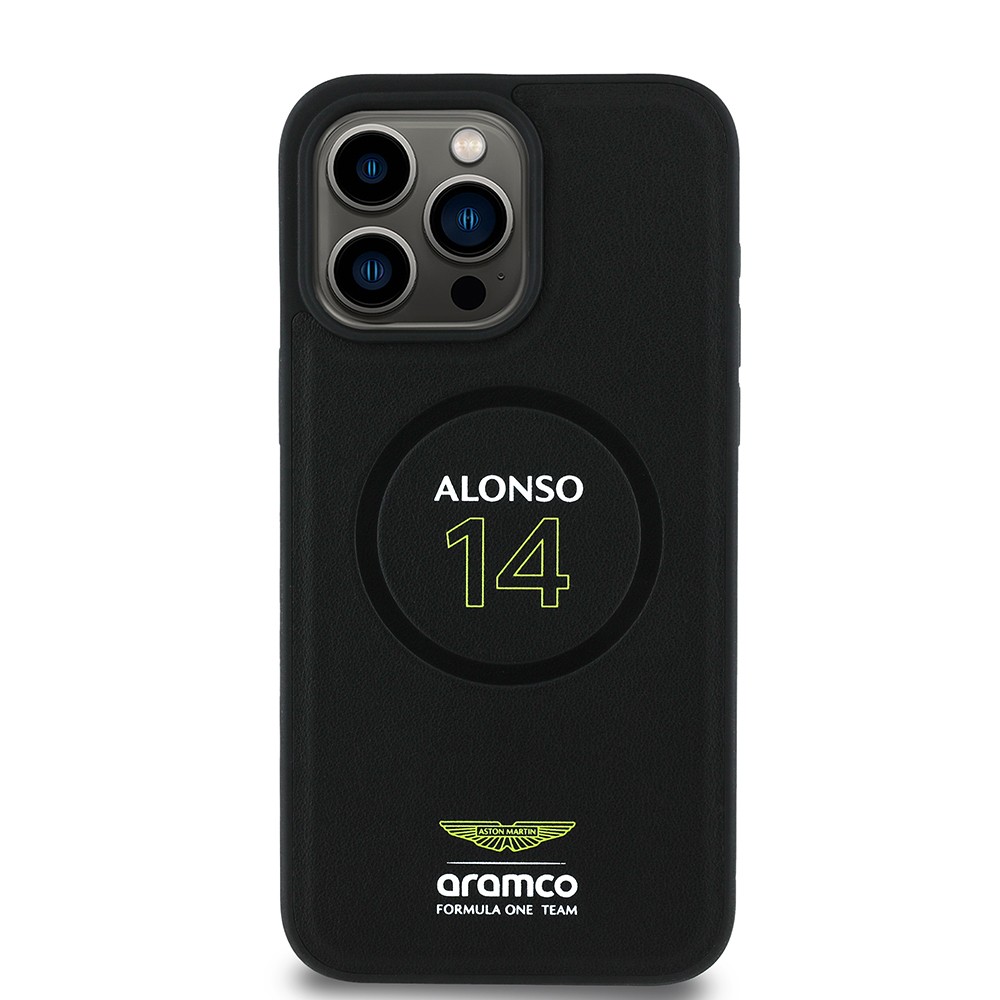 Apple iPhone 15 Pro Max Kılıf Aston Martin Orjinal Lisanslı M-safe Şarj Özellikli PU Deri Alonso 14 Baskılı Kapak