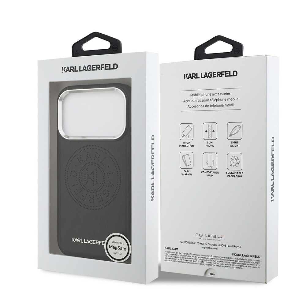 Apple iPhone 17 Pro Kılıf Karl Lagerfeld Orjinal Lisanslı M-safe Şarj Özellikli Delikli Tasarım Metal Logolu PU Deri Kapak