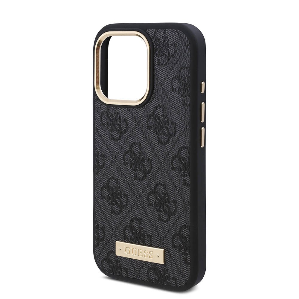 Apple iPhone 16 Pro Kılıf Guess Orjinal Lisanslı M-safe Şarj Özellikli 4G Desenli PU Metal Plaka Klasik Logolu Kapak