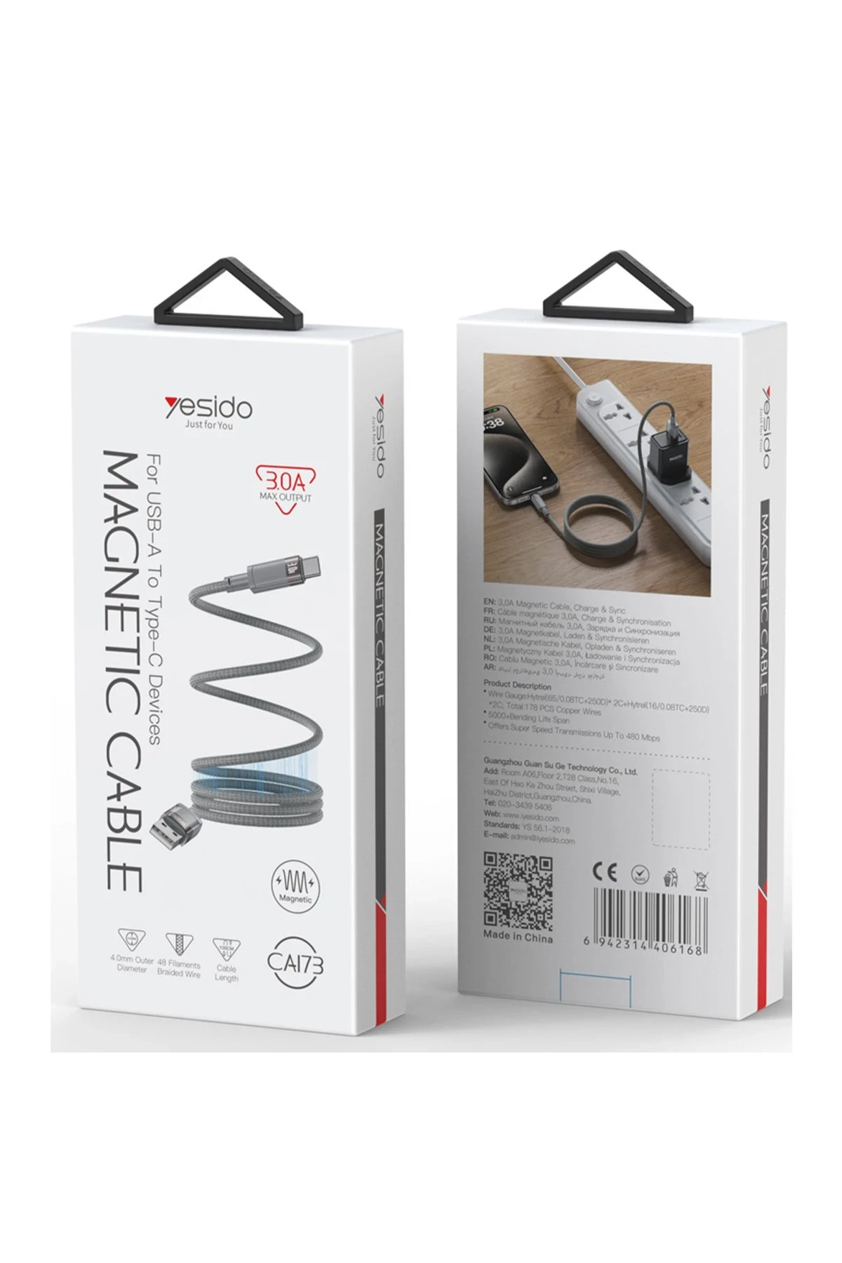 Yesido CA173 1M 60W USB to Type-C Manyetik Katlanma Özellikli PD Hızlı Şarj Kablosu