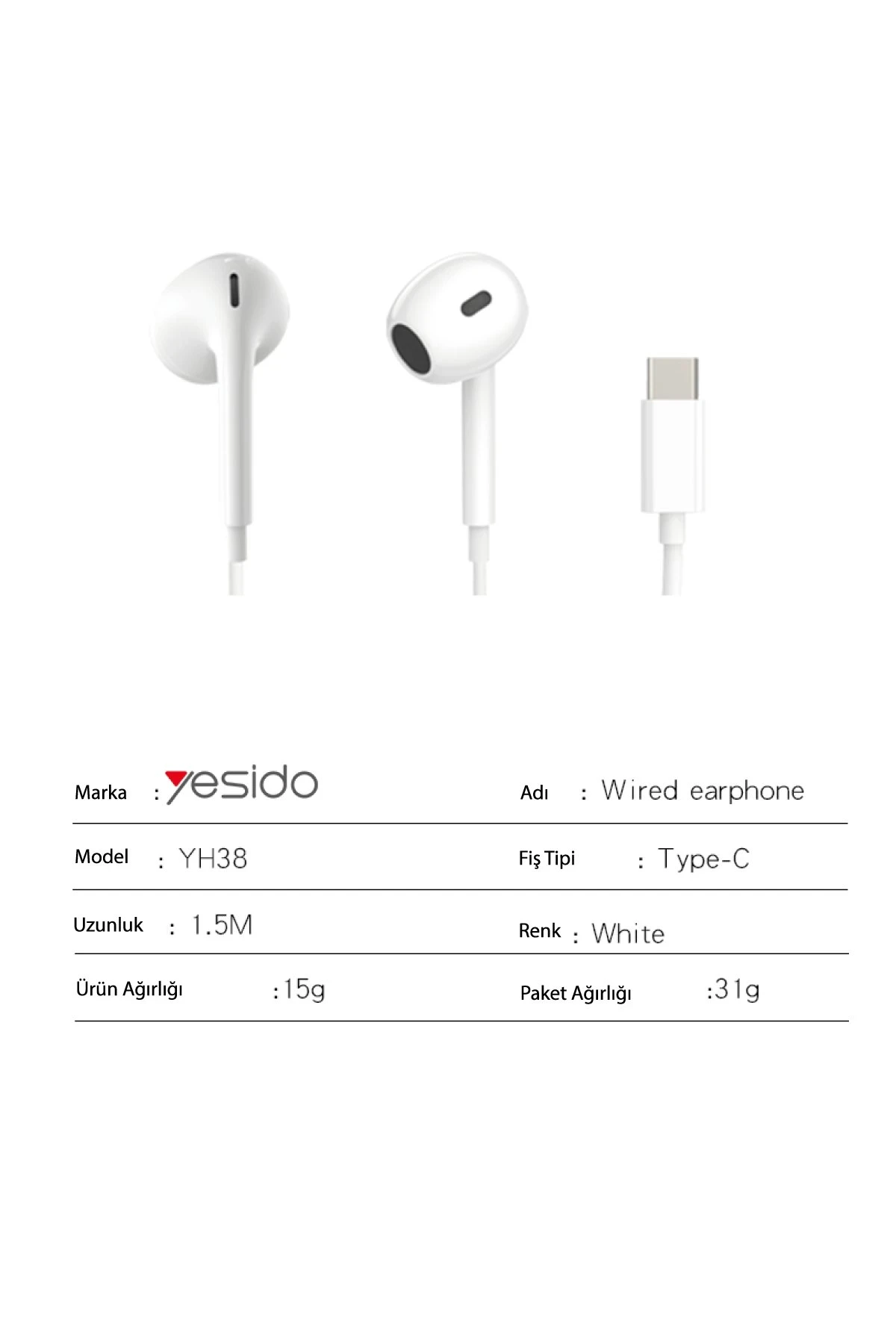 Yesido YH38 1.2M Yüksek Baslı Type-C Kablolu Kulaklık