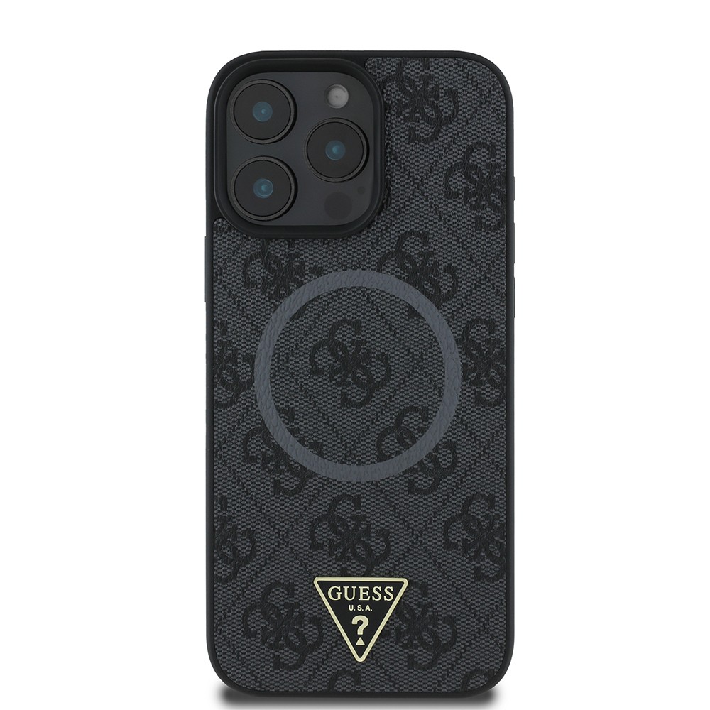 Apple iPhone 16 Pro Kılıf Guess Orjinal Lisanslı M-safe Şarj Özellikli PU Üçgen Logo 4G Desenli Kapak
