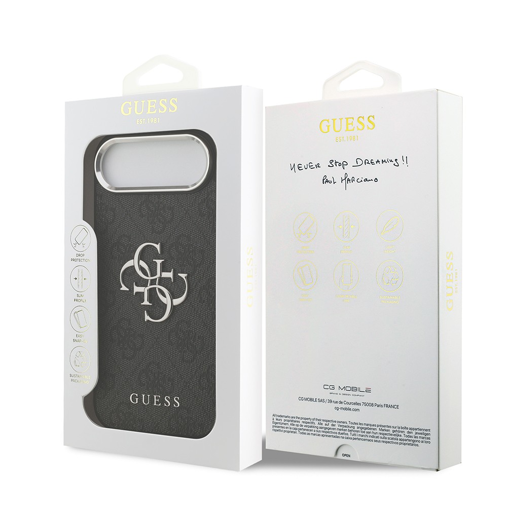Apple iPhone 17 Air Kılıf Guess Orjinal Lisanslı Gümüş Metal Kamera Çerçeveli 4G Desenli Metal Büyük 4G ve Yazı Logolu Kapak