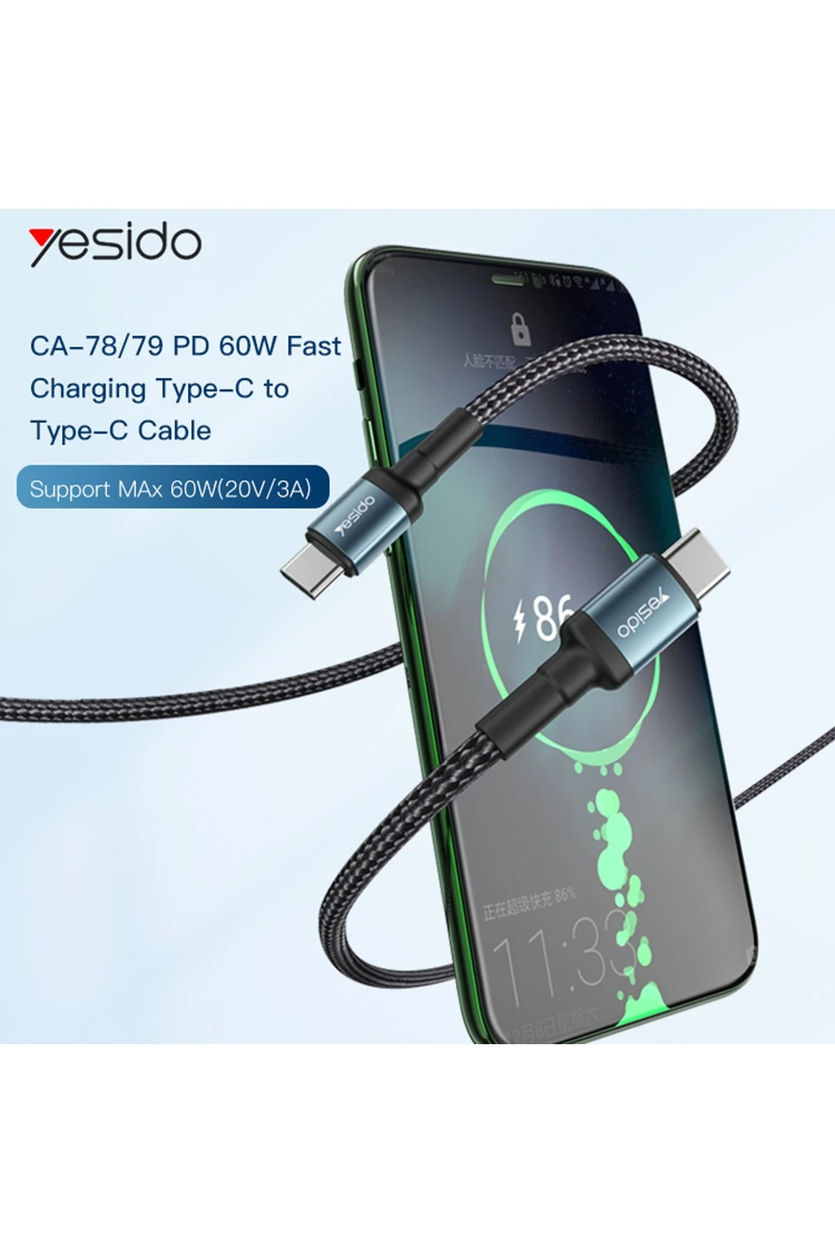 Yesido CA78 1.2M 60W Hasırlı Type-C to Type-C PD Hızlı Şarj Kablosu