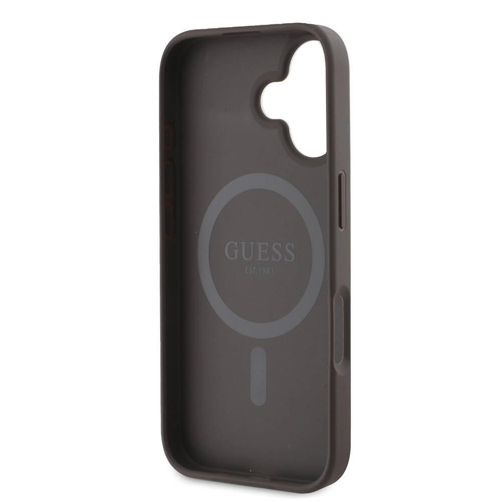 Apple iPhone 16 Plus Kılıf Guess Orjinal Lisanslı M-safe Şarj Özellikli PU Deri Şerit Logo Dizaynlı Kapak