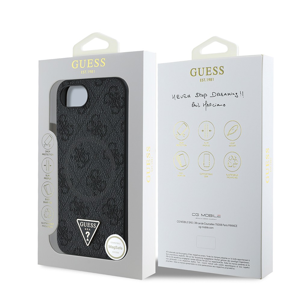 Apple iPhone 16E Kılıf Guess Orjinal Lisanslı M-safe Şarj Özellikli PU Üçgen Logo 4G Desenli Kapak