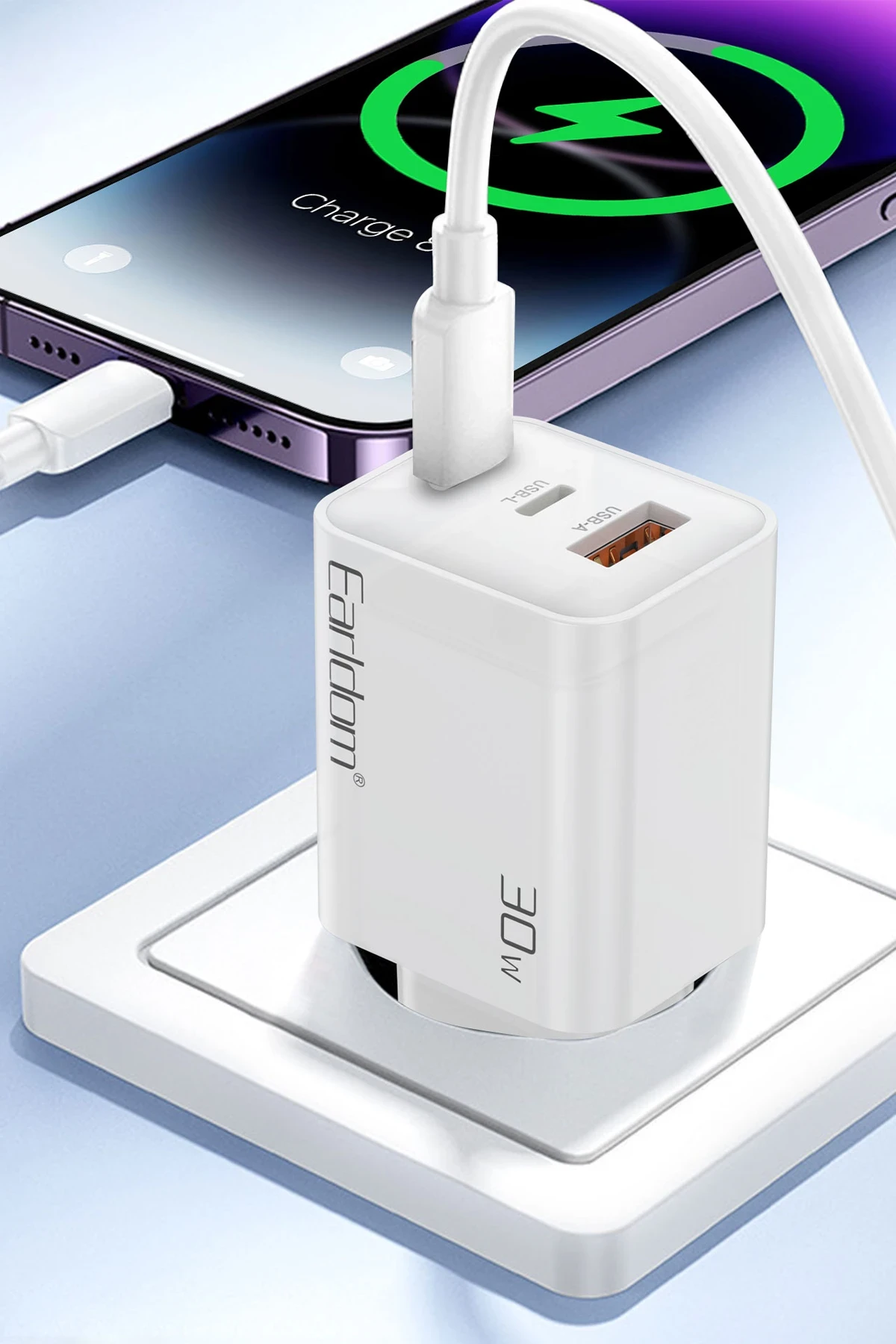 Earldom EU51 Type-C Lightning ve USB Çıkışlı 30W PD Hızlı Şarj Aleti