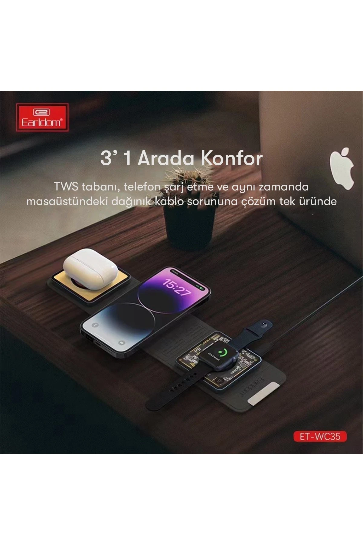 Earldom WC35 3in1 15W Magsafe Katlanabilir Masaüstü Kablosuz Şarj Standı