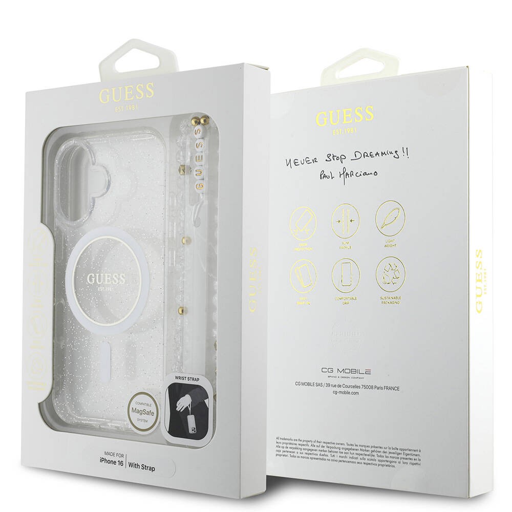 Apple iPhone 16 Kılıf Guess Orjinal Lisanslı M-safe Şarj Özellikli Simli Silikon İnci Bileklikli Kapak