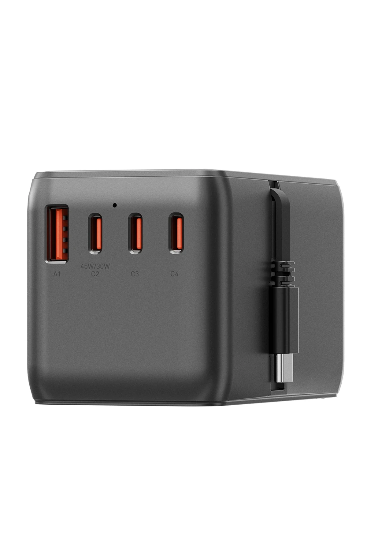 Energea TravelWorld Universal GaN85 3 Adet 70W Type-C 1 Adet 70W 80 CM Dahili Type-C Kablolu ve 1 Adet 60W USB 3.0 Çıkışlı PD Hızlı Şarj Aleti