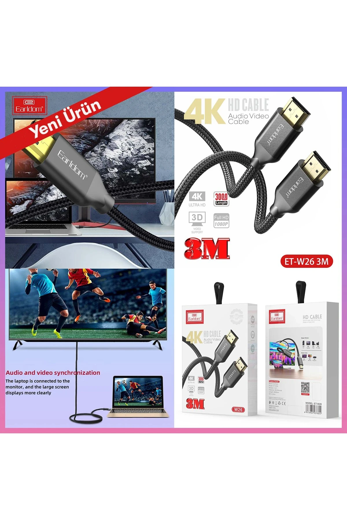 Earldom W26 3M 4K Altın Uçlu Hasır HDMI Kablo