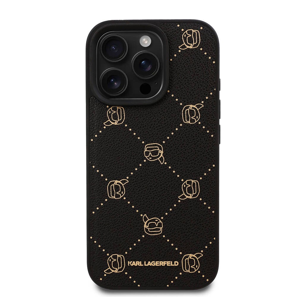 Apple iPhone 16 Pro Max Kılıf Karl Lagerfeld Orjinal Lisanslı M-safe Şarj Özellikli PU Deri Karl Heads Desenli Klasik Logolu Kapak