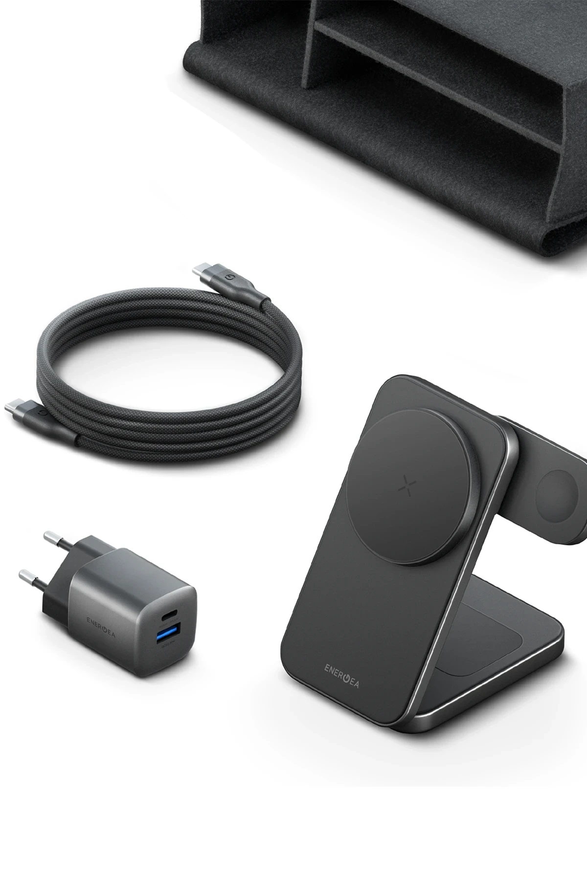 Energea Essential Kit AmpCharge GaN 35W Adaptör Magtrio Plus 3in1 Kablosuz Şarj Standı ve 100W Type-C to Type-C Manyetik Kablolu Set Travel Çanta