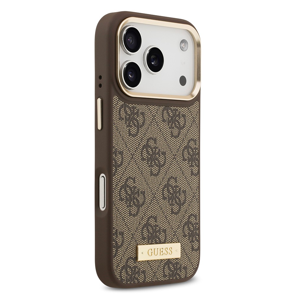 Apple iPhone 17 Pro Kılıf Guess Orjinal Lisanslı M-safe Şarj Özellikli 4G Desenli PU Metal Plaka Klasik Logolu Kapak