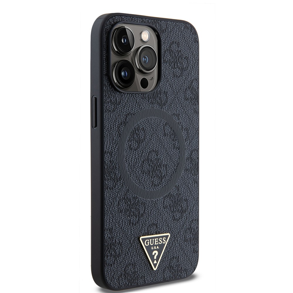 Apple iPhone 15 Pro Max Kılıf Guess Orjinal Lisanslı M-safe Şarj Özellikli PU Üçgen Logo 4G Desenli Kapak