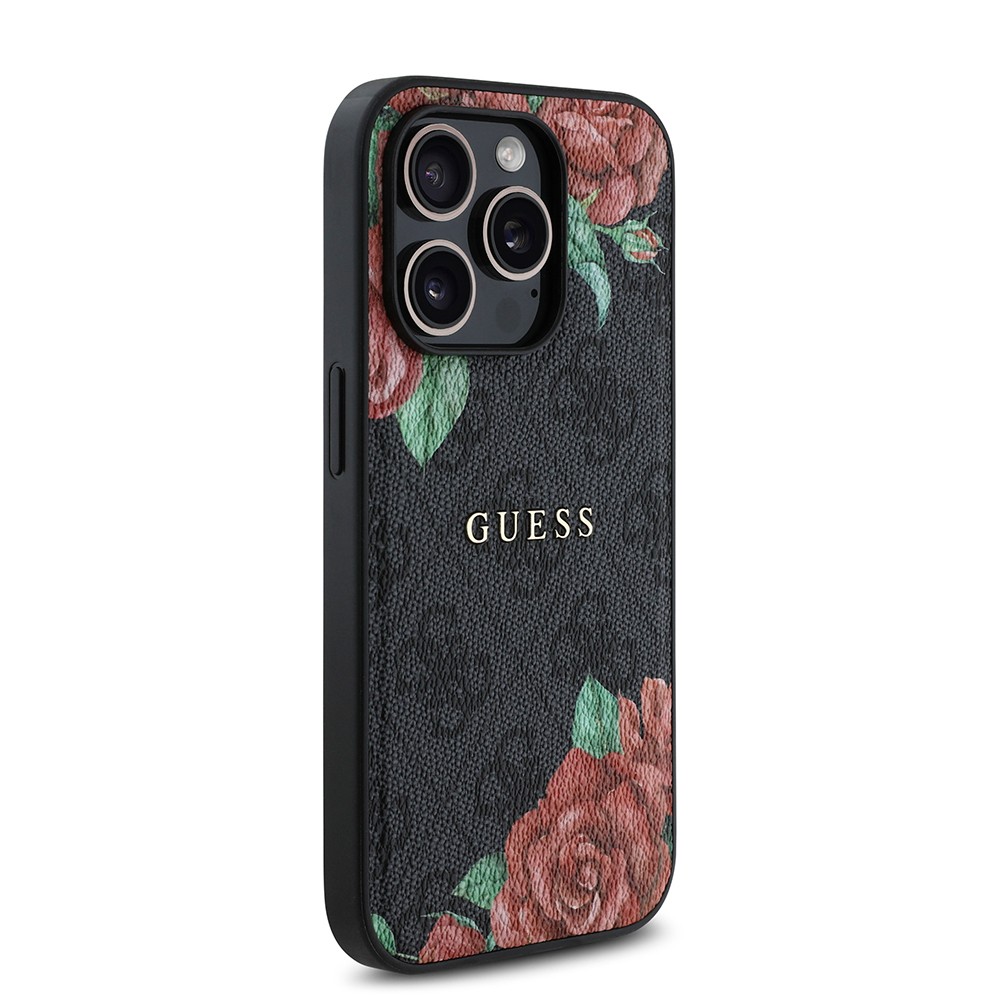 Apple iPhone 14 Pro Kılıf Guess Orjinal Lisanslı M-safe Şarj Özellikli Gül Baskılı 4G Desenli Yazı Logolu Kapak