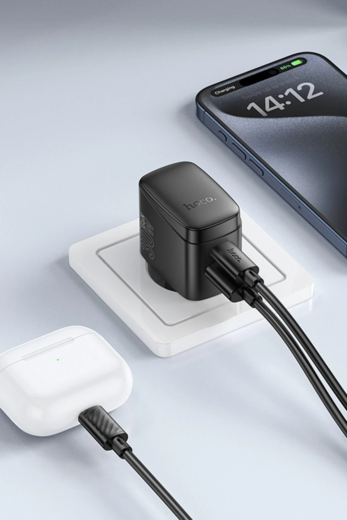 Hoco. CS61A Bright 30W 1 Adet Type-C ve 1 Adet USB 3.0 QC Çıkışlı Ekstra Type-C to Type-C Kablolu PD Hızlı Şarj Aleti