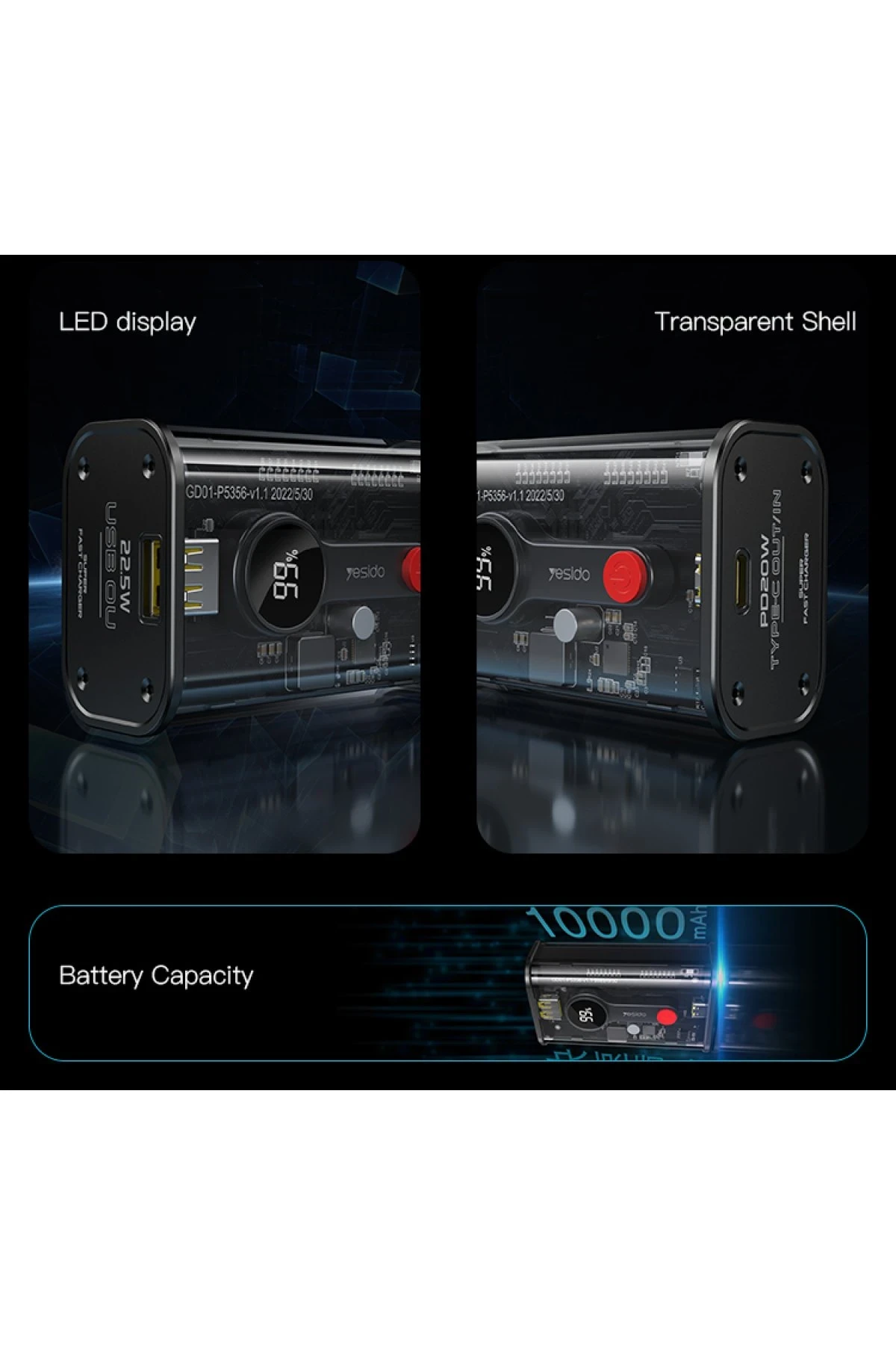 Yesido YP35 10.000 mAh USB3.0 PD Hızlı Şarj Powerbank - Şeffaf
