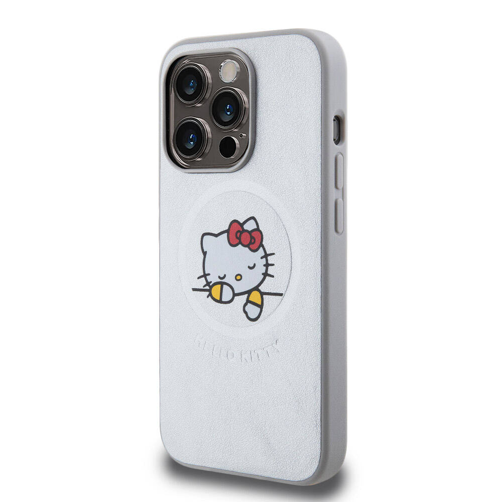 Apple iPhone 15 Pro Max Kılıf Hello Kitty Orjinal Lisanslı M-safe Şarj Özellikli Baskı Logolu Uyuyan Kitty Deri Kapak