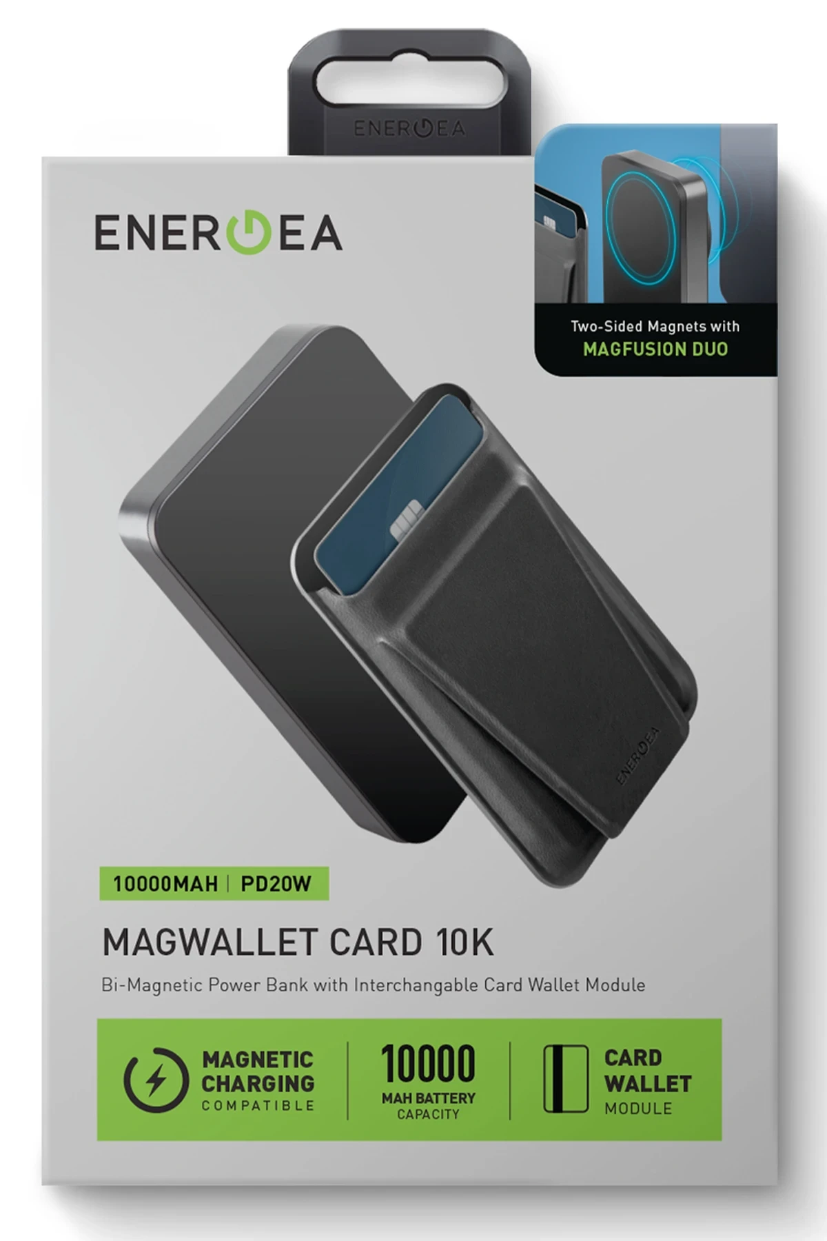 Energea MagWallet Card 10K 10.000 mAh 20W Type-C ve 15W Kablosuz Şarj Çıkışlı Ekstra Stant Özellikli Magsafe Kartlıklı PD Hızlı Şarj Magsafe Powerbank