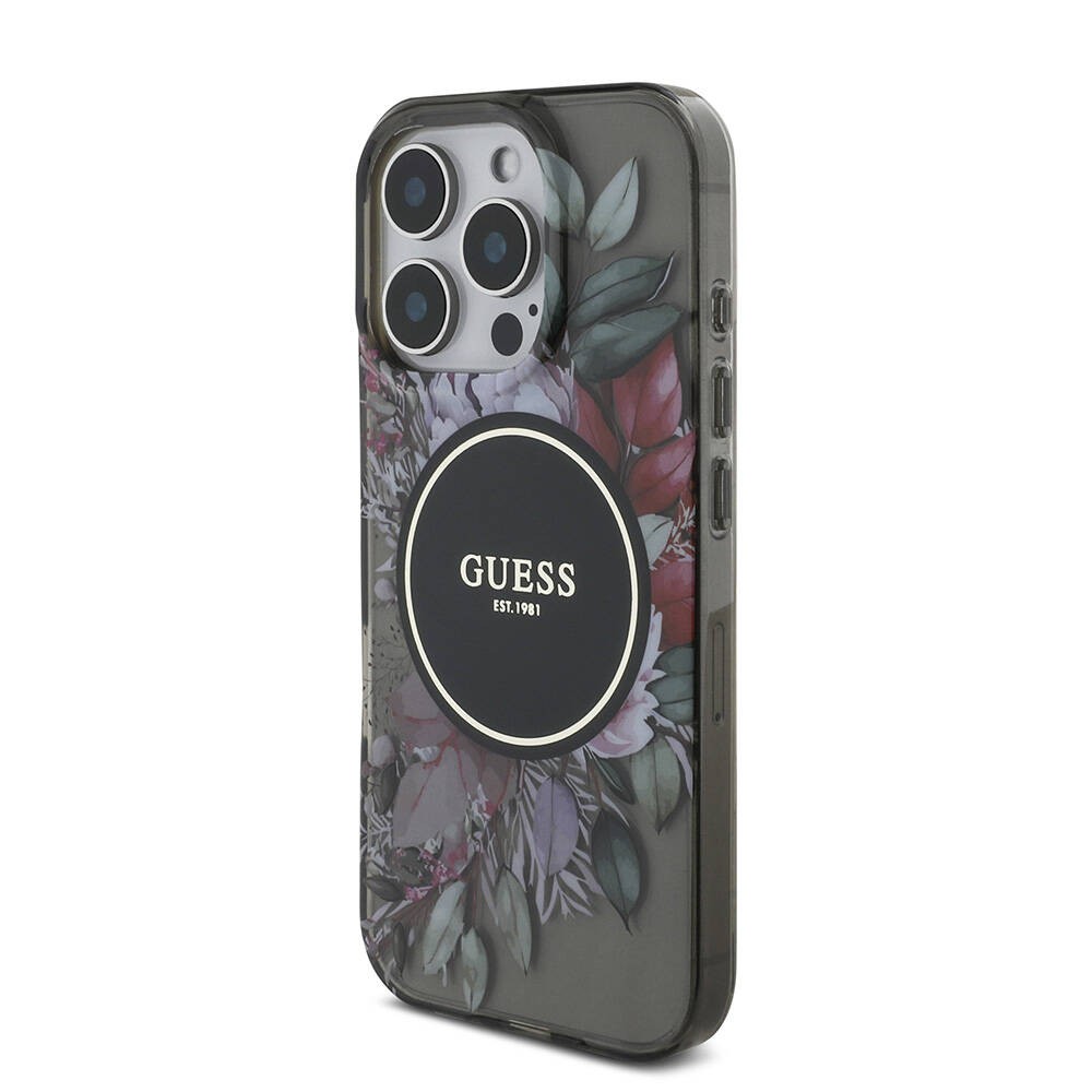 Apple iPhone 16 Pro Max Kılıf Guess Orjinal Lisanslı M-safe Şarj Özellikli IML Baskılı Çiçek İnci Bileklikli Kapak