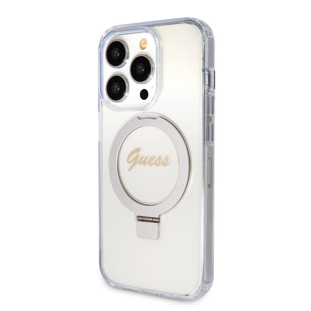 Apple iPhone 15 Pro Max Kılıf Guess Orjinal Lisanslı M-safe Şarj Özellikli Simli Arka Yüzey Ring Standlı Kapak