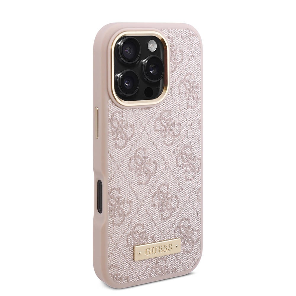 Apple iPhone 16 Pro Kılıf Guess Orjinal Lisanslı M-safe Şarj Özellikli 4G Desenli PU Metal Plaka Klasik Logolu Kapak