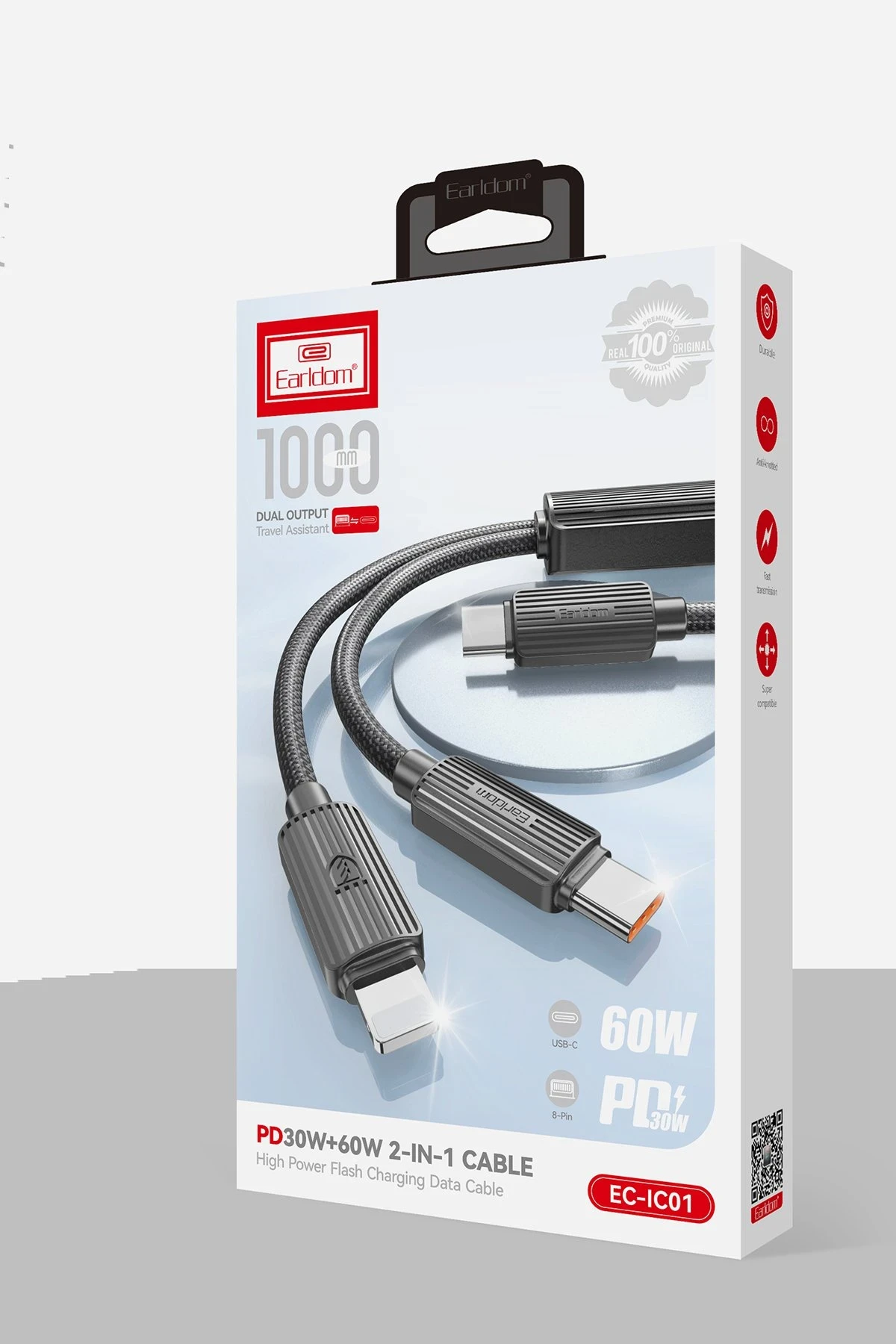 Earldom EC-IC01 1.2M Type-C to Type-C 60W ve Lightning 30W Çift Çıkışlı 2in1 PD Hızlı Şarj Kablosu