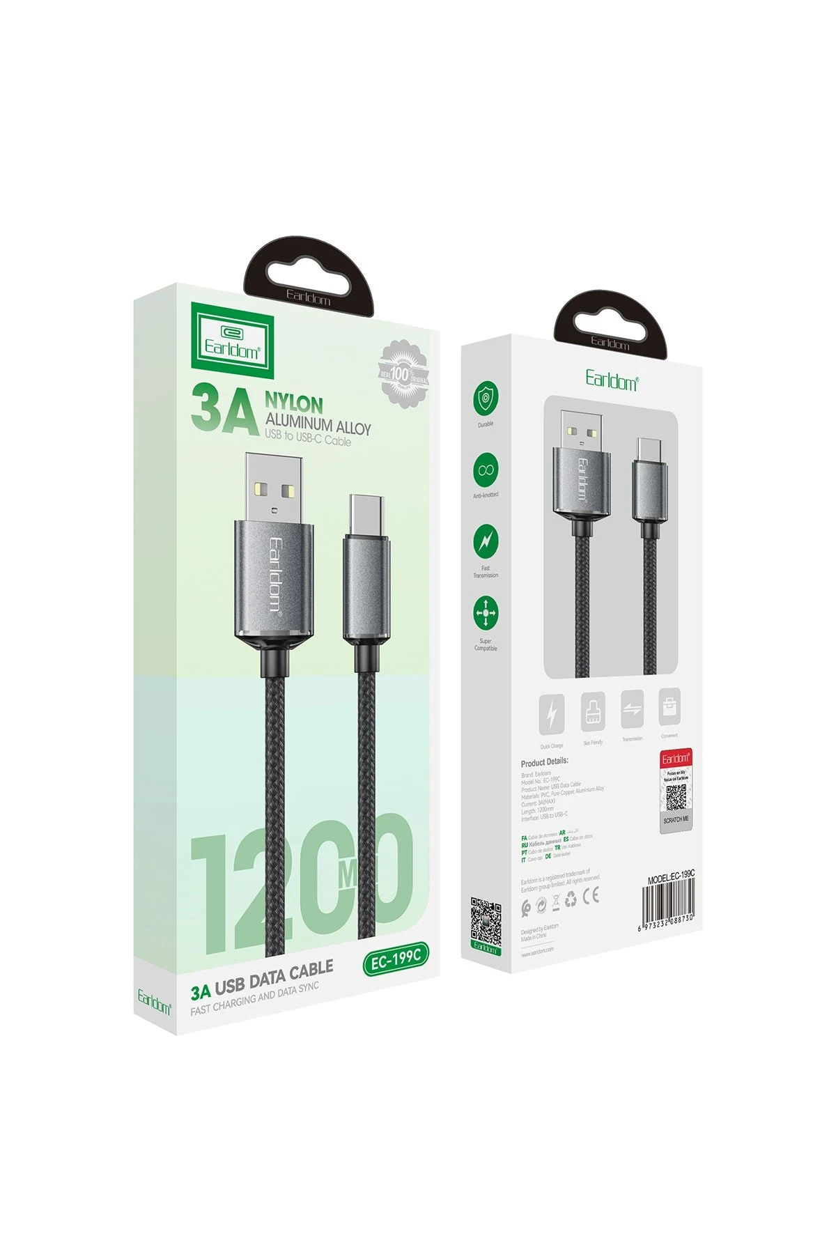 Earldom EC-199C 1.2M 3A USB to Type-C Hızlı Şarj Kablosu