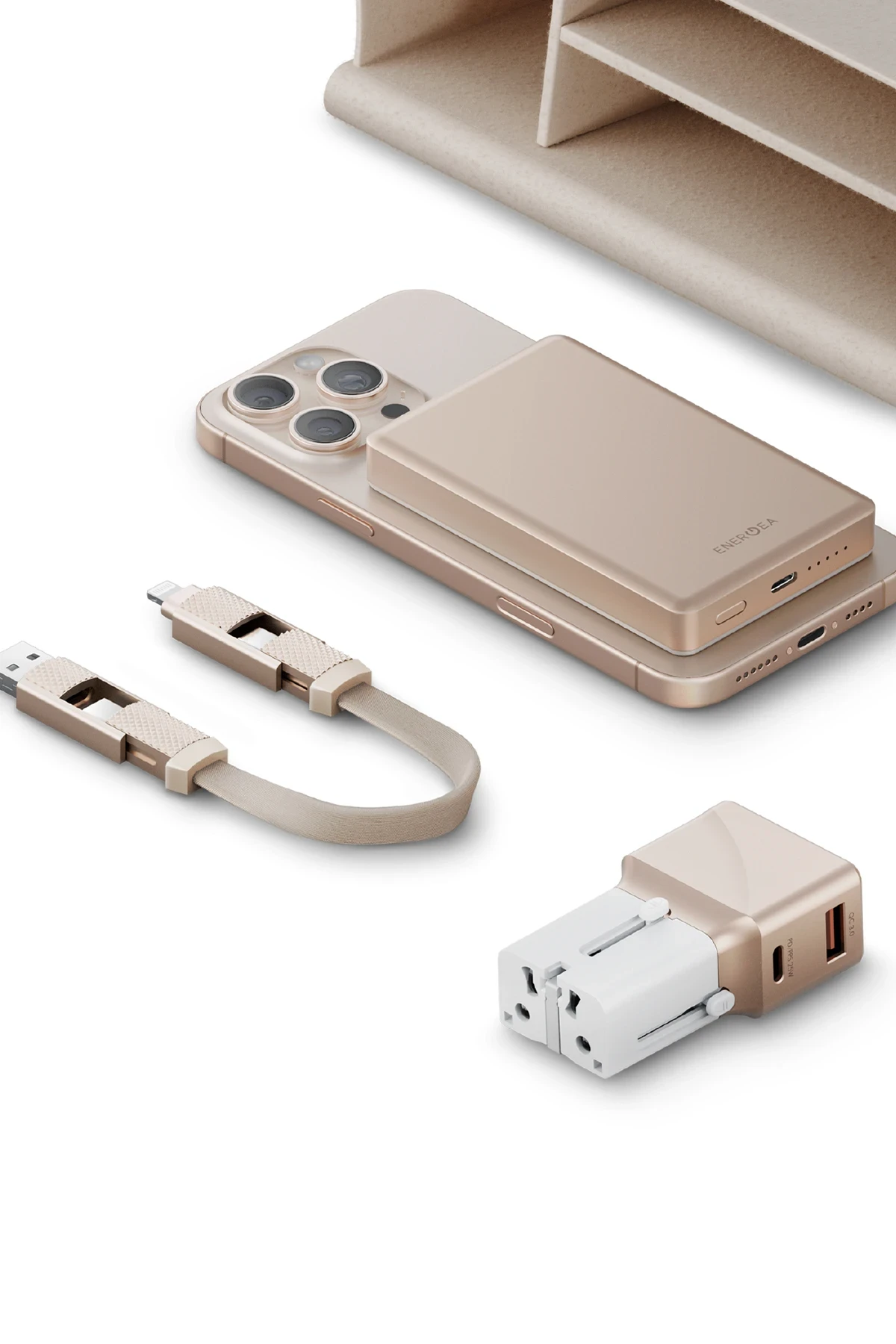 Energea X Bazic Travel Kit Universal TravelWorld 25W Adaptör AluPac 10.000 mAh Powerbank ve AluCable 15 CM 60W USB to Lightning Kablolu Set Travel Çanta
