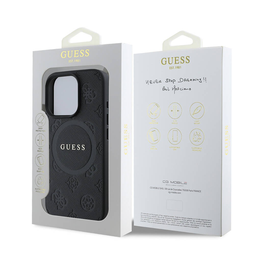 Apple iPhone 16 Pro Kılıf Guess Orjinal Lisanslı M-safe Şarj Özellikli Yazı Logolu Saffiano Peony Kapak