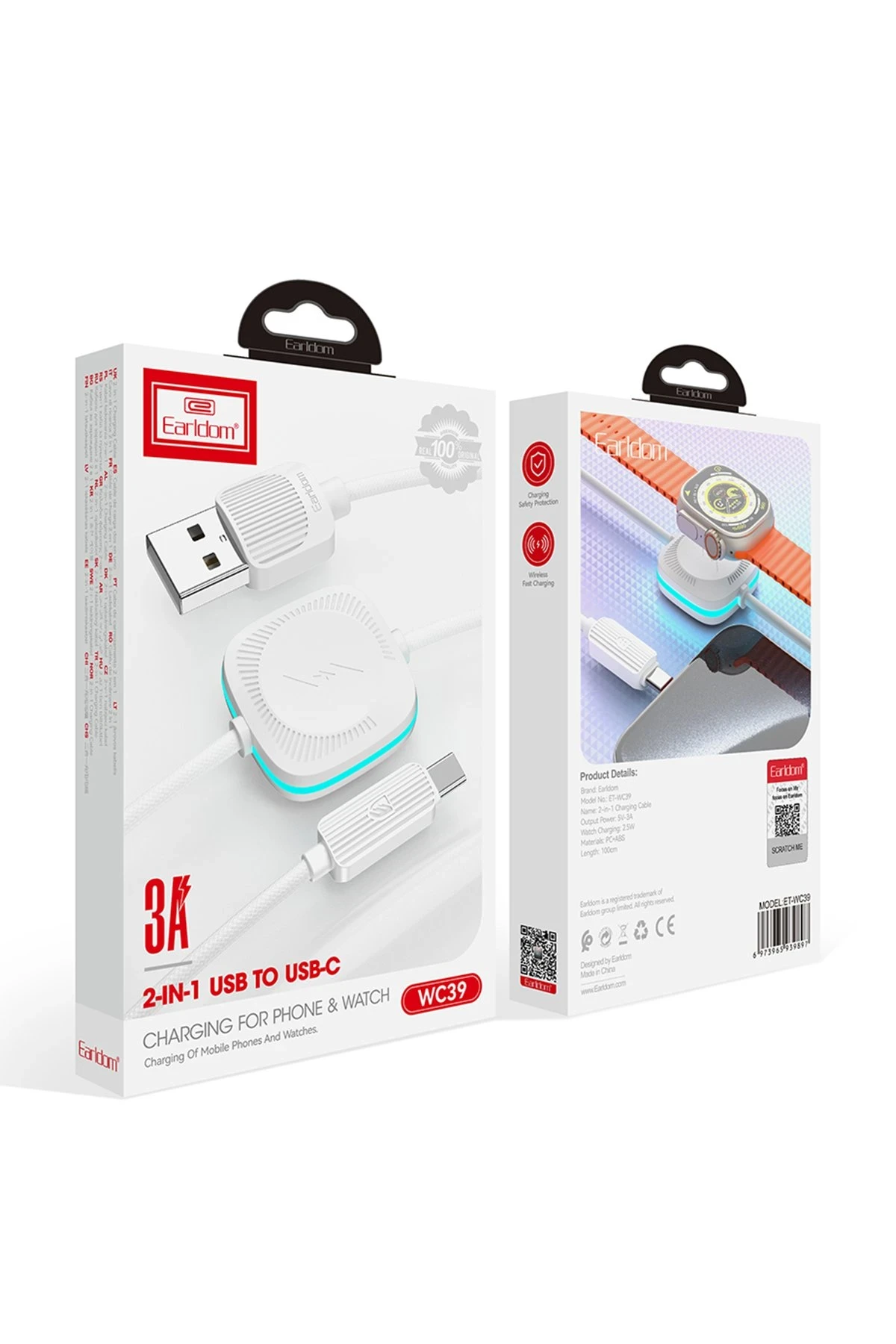 Earldom WC39 1.2M 15W Usb to Type-C ve 2.5W Kablosuz Saat Şarj Çıkışlı 2in1 Hızlı Şarj Kablosu
