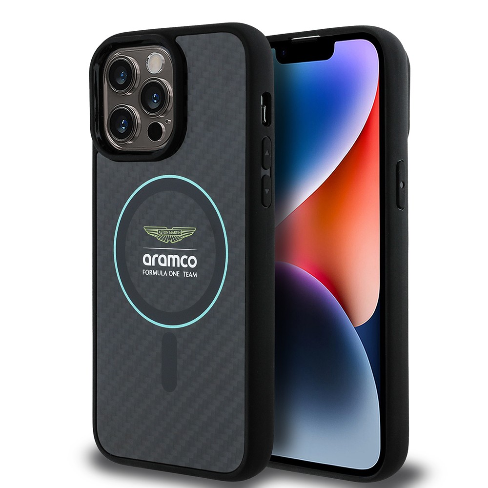 Apple iPhone 14 Pro Max Kılıf Aston Martin Orjinal Lisanslı M-safe Şarj Özellikli Renkli Halka ve Karbon Fiber Tasarımlı Kapak