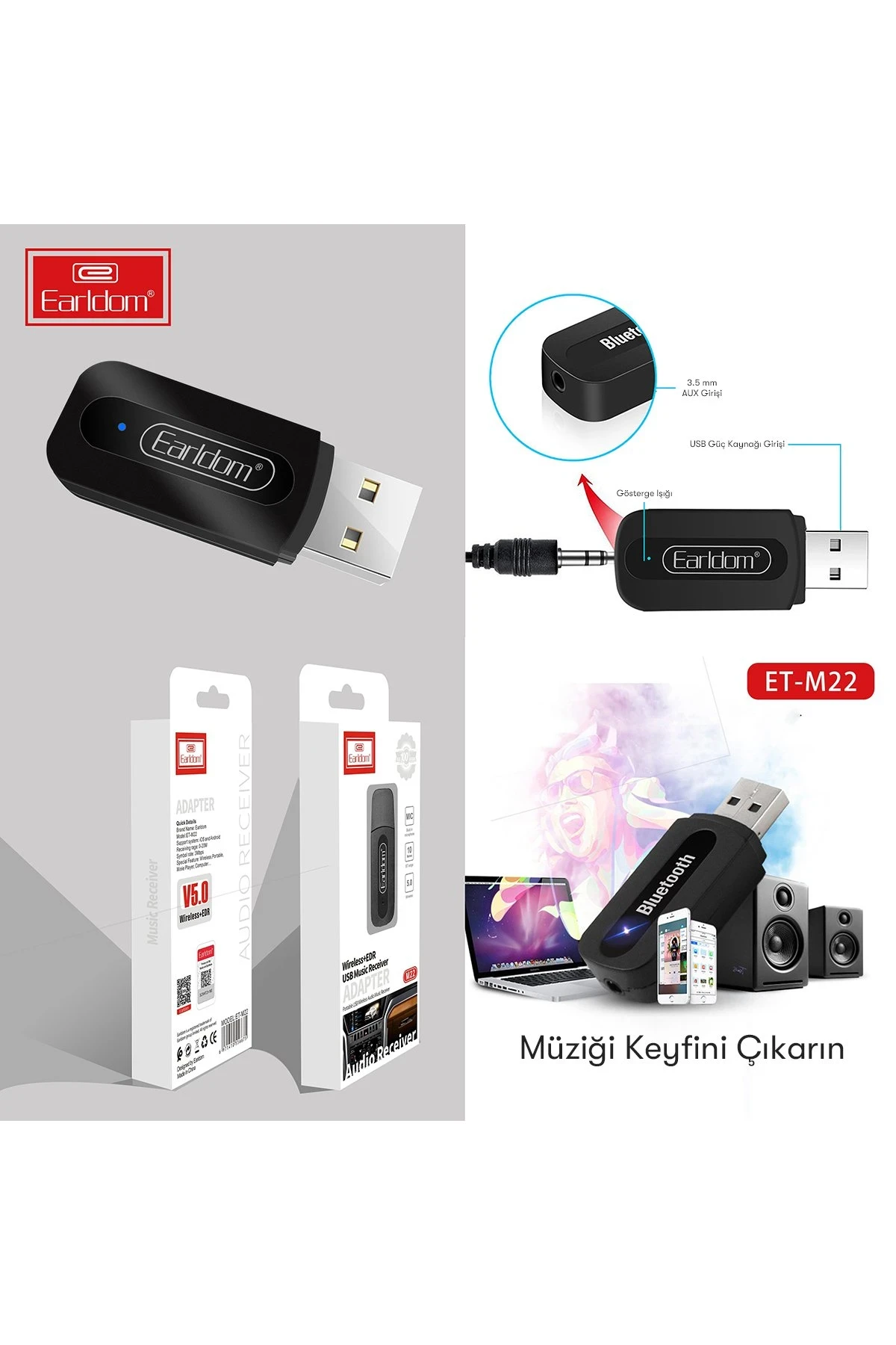 Earldom M22 Bluetooth 5.0 Usb Aux Dönüştürücü