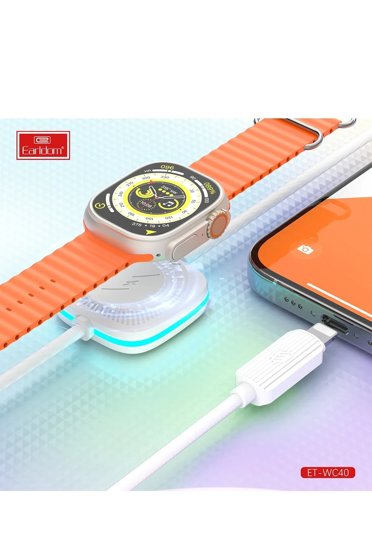 Earldom WC40 1.2M 12W Usb to Lightning ve 2.5W Kablosuz Saat Şarj Çıkışlı 2in1 Hızlı Şarj Kablosu