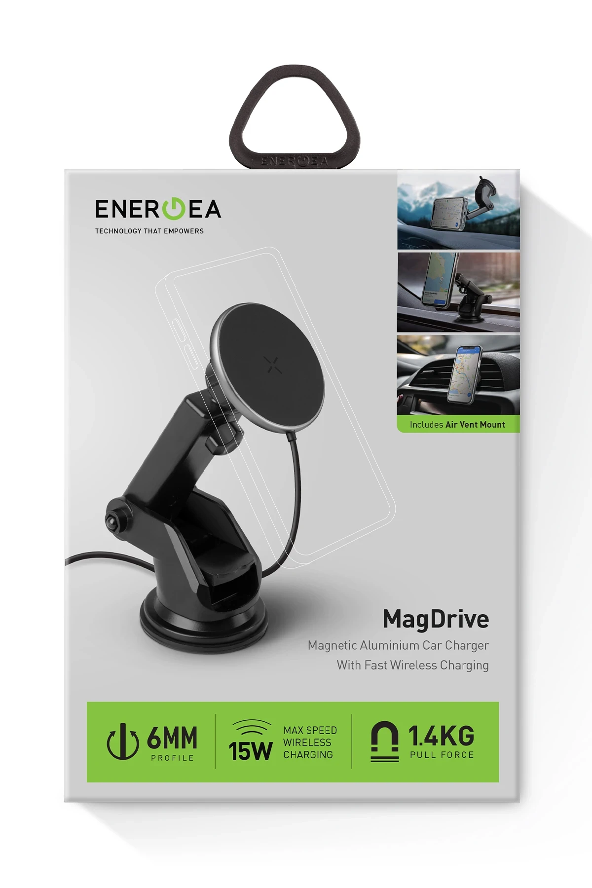 Energea MagDrive 2in1 Izgara Klipsli ve Vantuzlu 15W Kablosuz Şarjlı Manyetik Magsafe Araç Tutucu