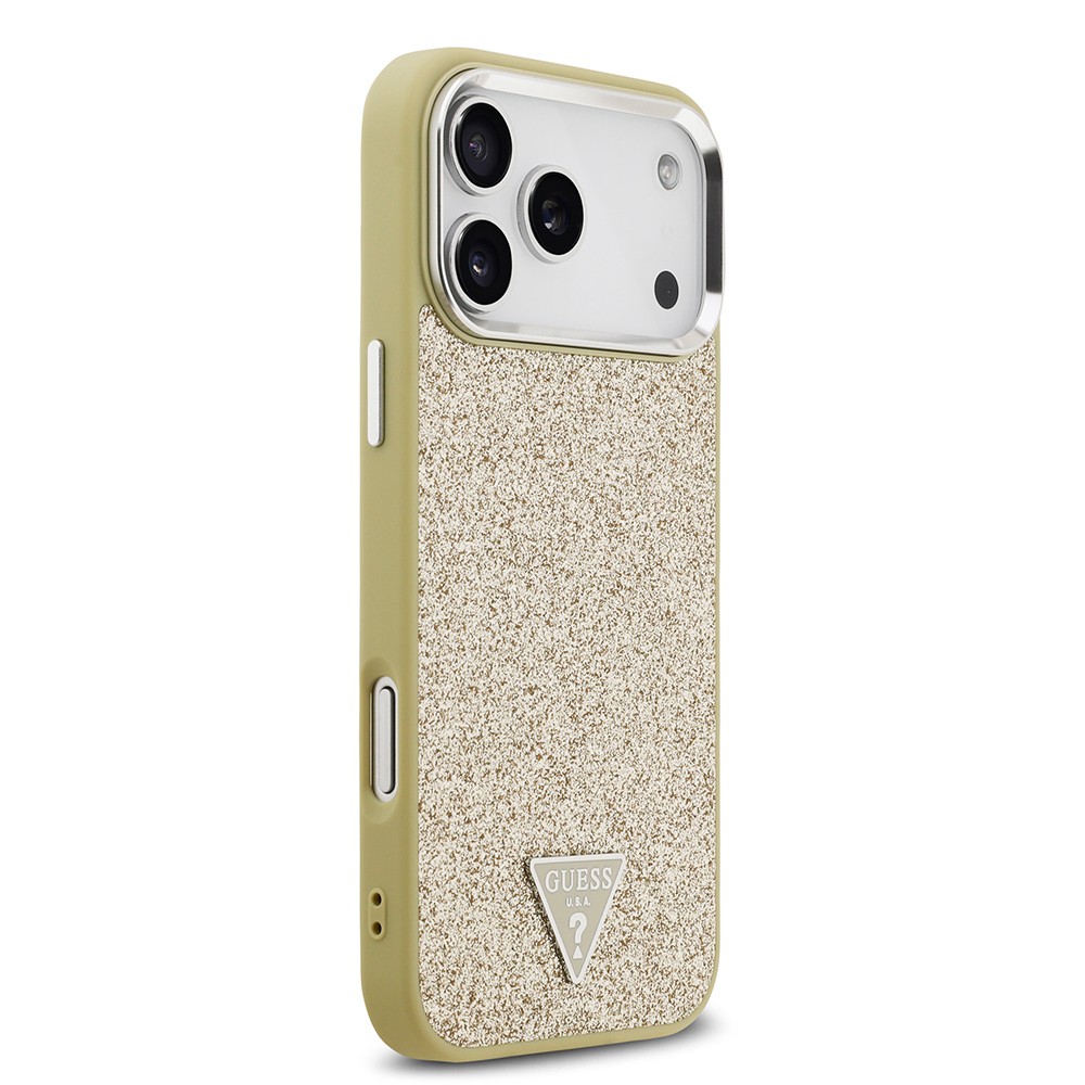 Apple iPhone 17 Pro Max Kılıf Guess Orjinal Lisanslı M-safe Şarj Özellikli Metal Kamera Çerçeveli Üçgen Logolu Glitter Kapak