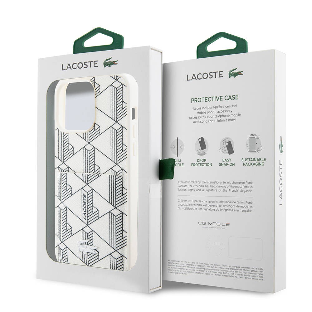 Apple iPhone 15 Pro Kılıf Lacoste Orjinal Lisanslı M-safe Şarj Özellikli PU Deri Görünümlü Kartlıklı Karışık Monogram Desenli Kapak