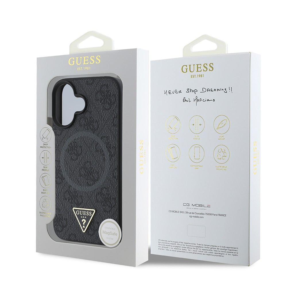 Apple iPhone 16 Kılıf Guess Orjinal Lisanslı M-safe Şarj Özellikli PU Üçgen Logo 4G Desenli Kapak