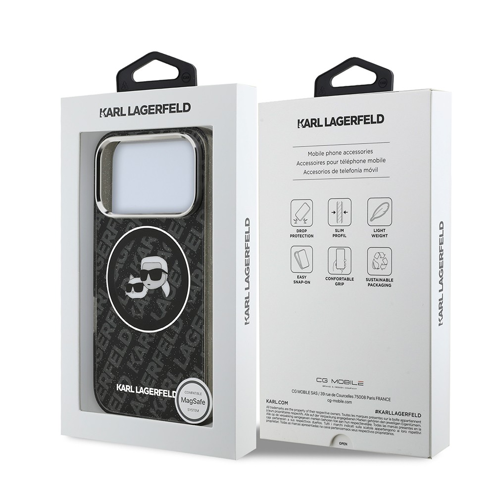 Apple iPhone 17 Pro Max Kılıf Karl Lagerfeld Orjinal Lisanslı Parlayan Simli Karl & Choupette Heads Kapak
